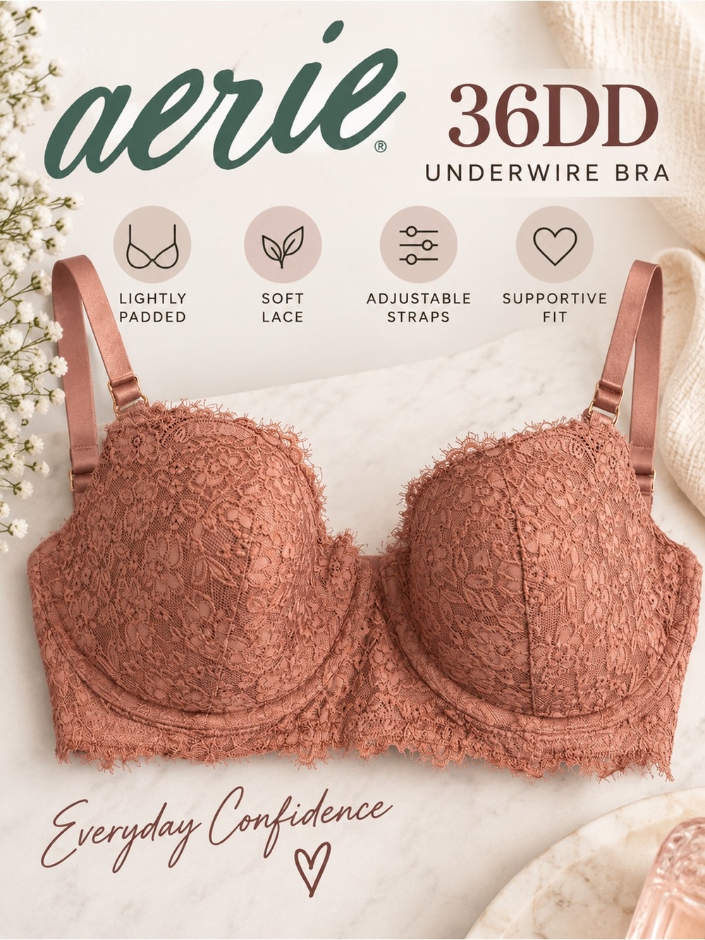 Aerie 36DD Dusty Rose Lace Longline Underwire Bra Scalloped
